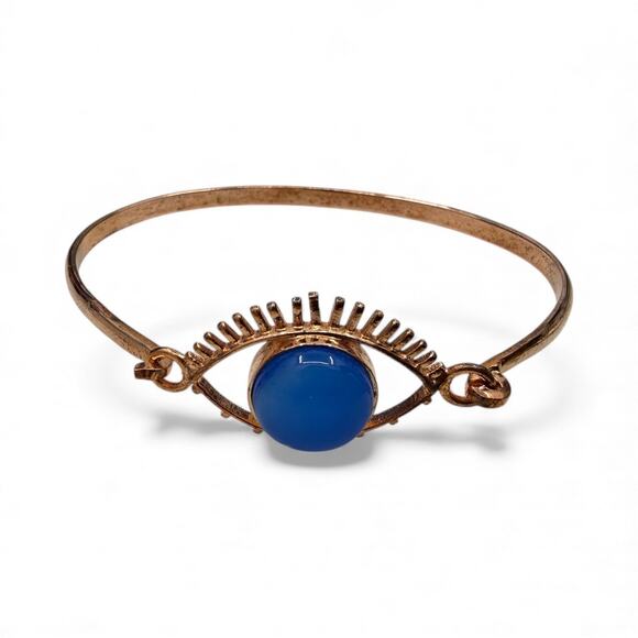 Natural Blue Chalcedony Eye Hook Bangle Bracelet Handmade Solid Copper Artisan - Picture 5 of 8